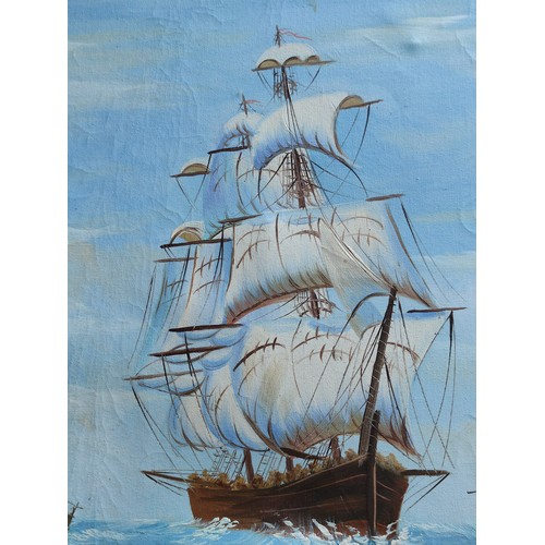 87 - An ornate gilt framed oil on canvas maritime picture of a clipper in good order. Height 71cm, length... 