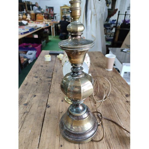 97 - A collection of 3 table lamps including one ceramic lamp converted from a jug, a tall brass handled ... 