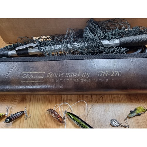 41 - A comprehensive fly fishing set to include a cased Shakespeare deluxe travel fly rod as spares or re... 