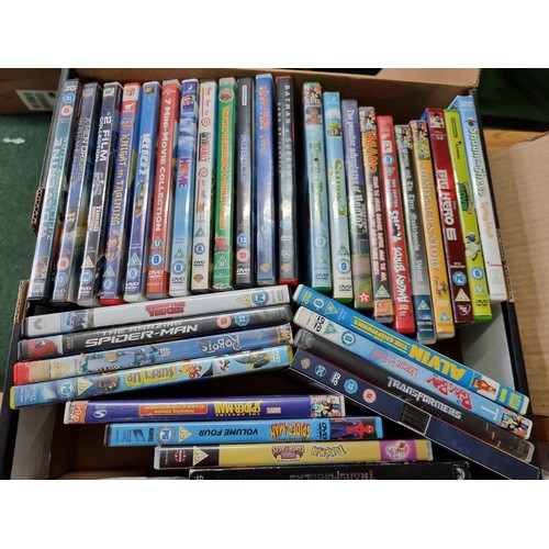 56 - 2x boxes full of various DVD's, mostly animated films and children's films along with a portable DVD... 