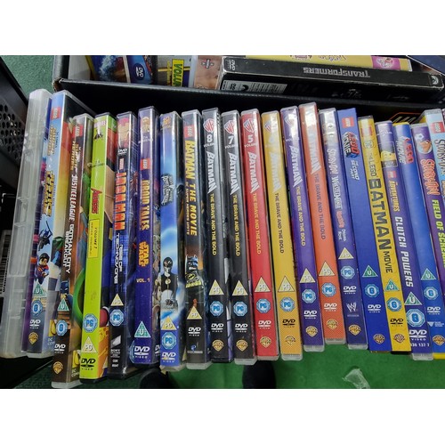 56 - 2x boxes full of various DVD's, mostly animated films and children's films along with a portable DVD... 