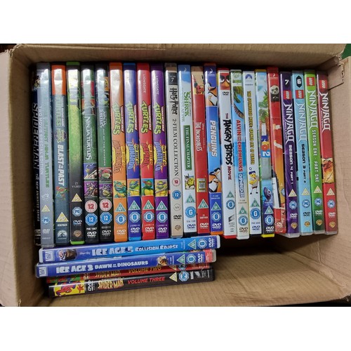 56 - 2x boxes full of various DVD's, mostly animated films and children's films along with a portable DVD... 