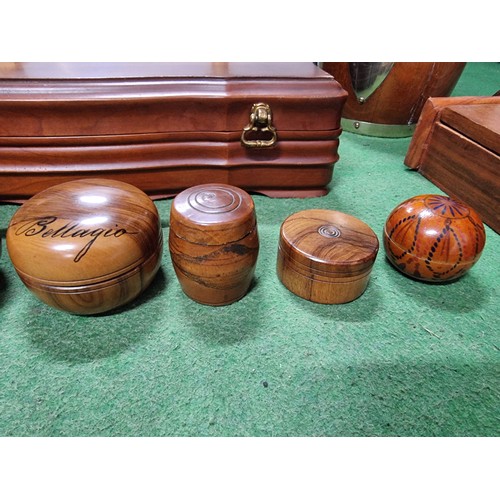 60 - A box full of good quality wooden treen items to include well made lidded pots, a honey pot, puzzle ... 