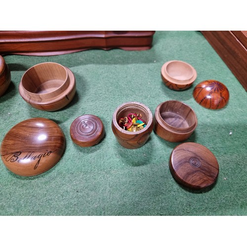 60 - A box full of good quality wooden treen items to include well made lidded pots, a honey pot, puzzle ... 