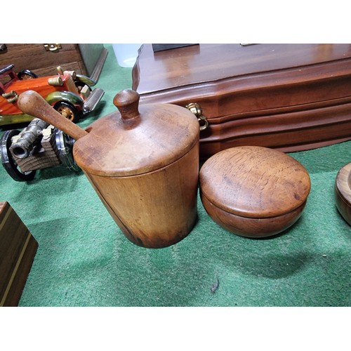 60 - A box full of good quality wooden treen items to include well made lidded pots, a honey pot, puzzle ... 