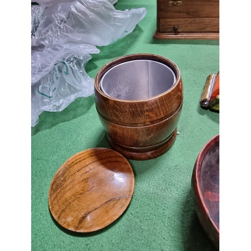 60 - A box full of good quality wooden treen items to include well made lidded pots, a honey pot, puzzle ... 