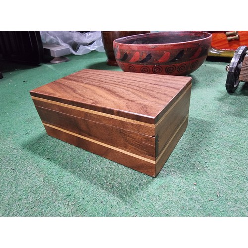 60 - A box full of good quality wooden treen items to include well made lidded pots, a honey pot, puzzle ... 