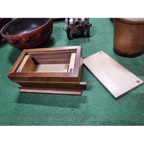 60 - A box full of good quality wooden treen items to include well made lidded pots, a honey pot, puzzle ... 