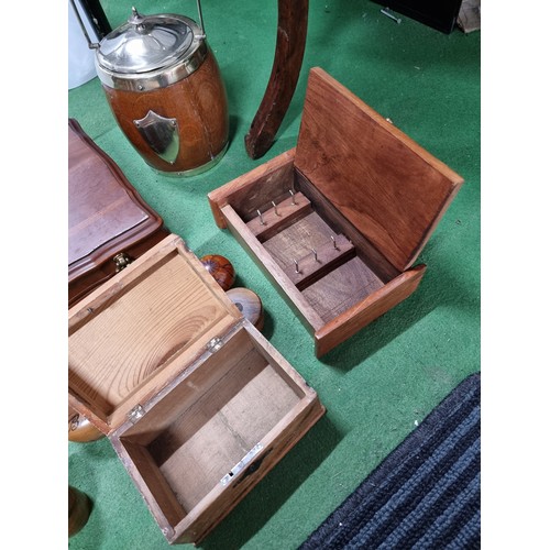 60 - A box full of good quality wooden treen items to include well made lidded pots, a honey pot, puzzle ... 