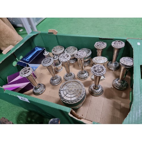 67 - A good box of various metalware to include a vintage iron fence pre-tensioner, a large collection of... 