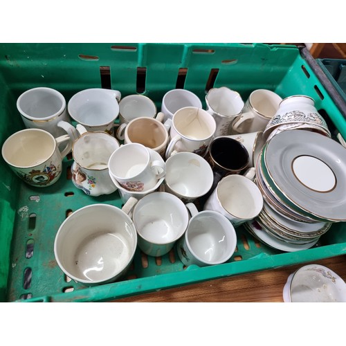 74 - 2x boxes of collectable china including collectable picture plates, Coronation mugs, cases, etc.