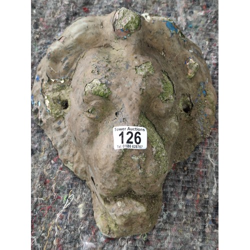 126 - Lion formed wall mounted plaque great patina of stone with good age 30cm high