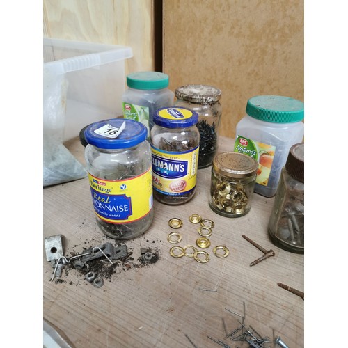 161 - Large collection of jars containing a qunatity of screws, washers, nails etc