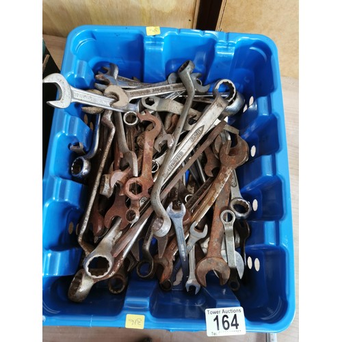 164 - 2x boxes containing a quantity of spanners, adjustable wrench, grease gun set square, belly drill et... 