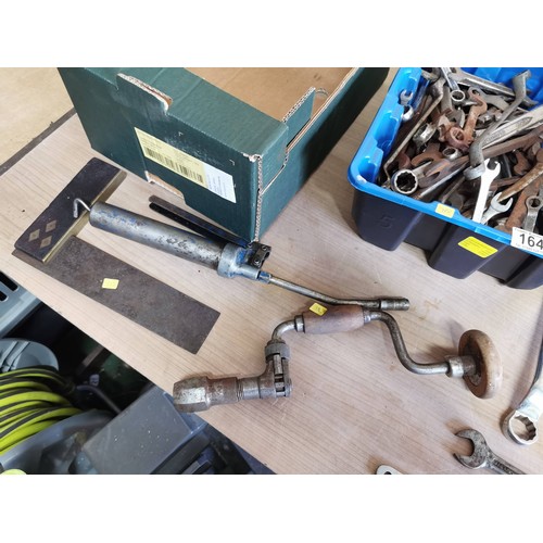 164 - 2x boxes containing a quantity of spanners, adjustable wrench, grease gun set square, belly drill et... 