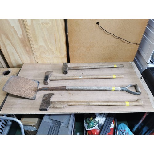 170 - Quantity of tools inc sledge hammer, 2x axe's and a shovel,