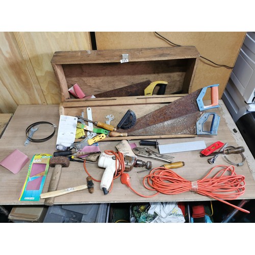 181 - Good quality pine carpenters box with clasp containing a large quantity of tools inc, hammers, screw... 