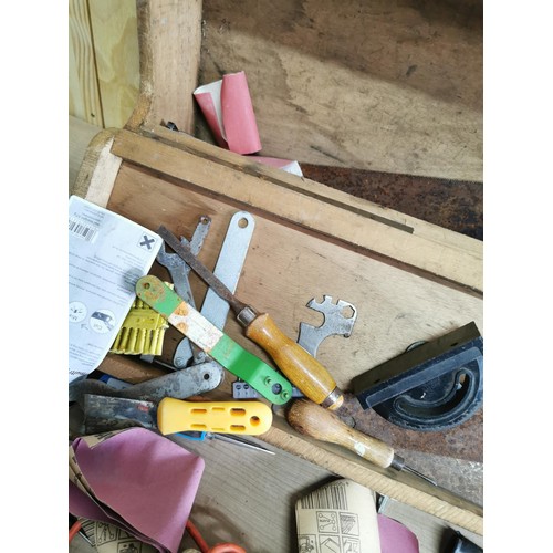 181 - Good quality pine carpenters box with clasp containing a large quantity of tools inc, hammers, screw... 