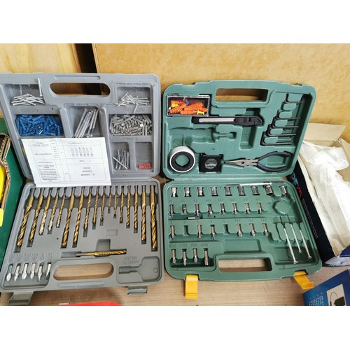 188 - Box containing a quantity of boxed shed odds inc drill bit set, tool set, 12 piece router bit set, 2... 