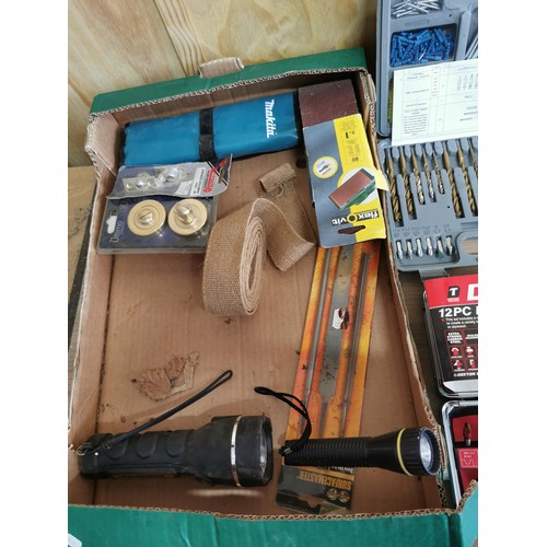 188 - Box containing a quantity of boxed shed odds inc drill bit set, tool set, 12 piece router bit set, 2... 