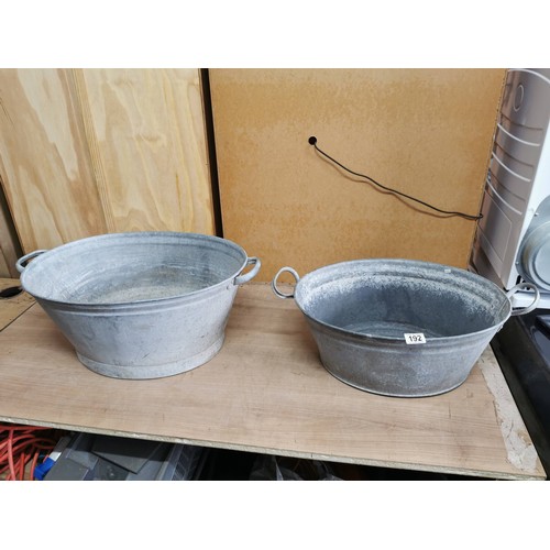 192 - 2x galvanised baths in good order largest measures 27cm high, 56cm wide