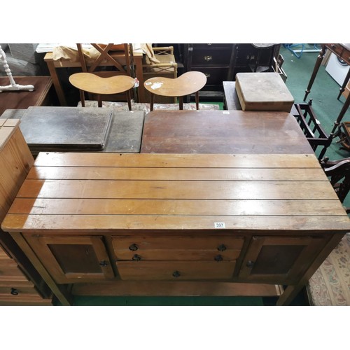 397 - Solid beech side board with a purposely aged design featuring two doors and two drawers with ring ha... 