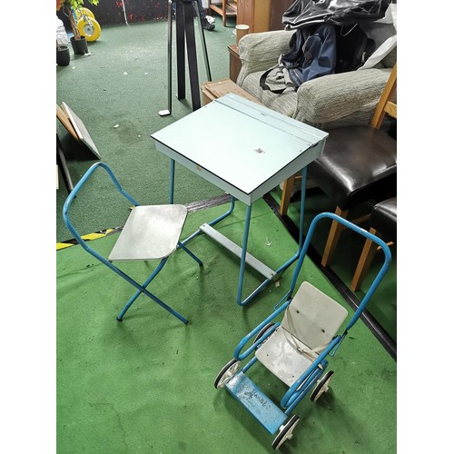 398 - Vintage childs school desk and folding chair along with a childs chair pram by Bantel British made