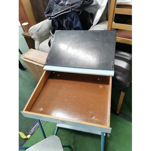 398 - Vintage childs school desk and folding chair along with a childs chair pram by Bantel British made