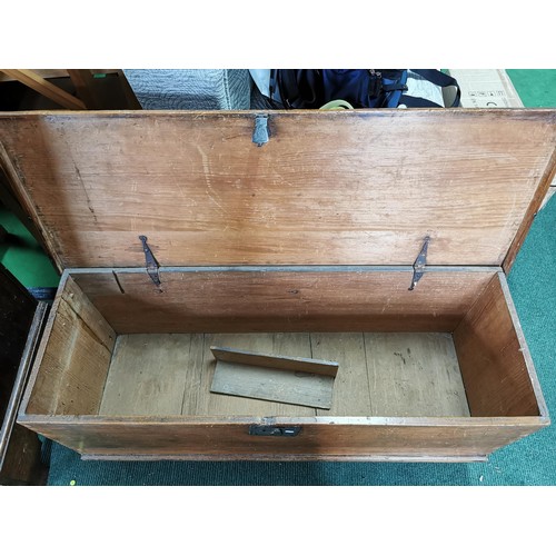 400 - Good antique blanket box solid pine with an interesting lock no key having plenty of character and g... 