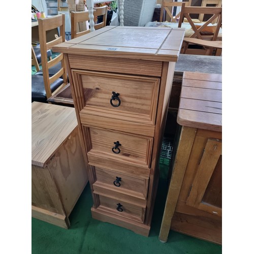 403 - Tall narrow Mexican pine 4 drawer chest with metal ring handles in good clean condition height 100cm... 