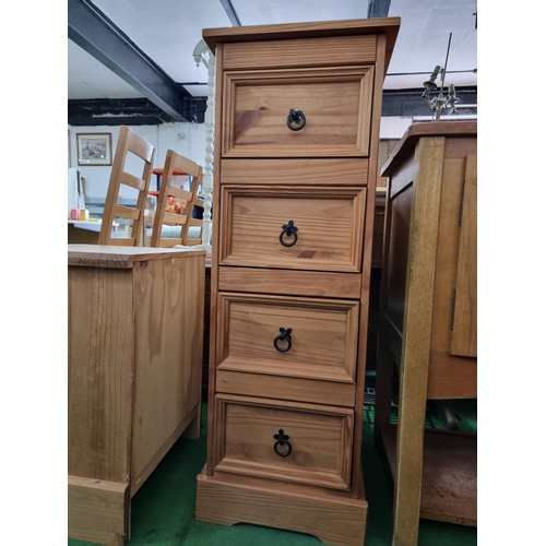 403 - Tall narrow Mexican pine 4 drawer chest with metal ring handles in good clean condition height 100cm... 