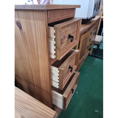 403 - Tall narrow Mexican pine 4 drawer chest with metal ring handles in good clean condition height 100cm... 