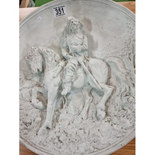 351 - A pair of large chalk 3d chargers with 2 scenes depicting gentlemen on horses, possibly from Don Qui... 