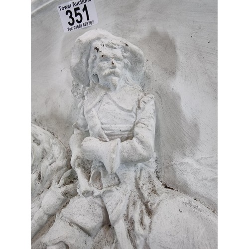 351 - A pair of large chalk 3d chargers with 2 scenes depicting gentlemen on horses, possibly from Don Qui... 