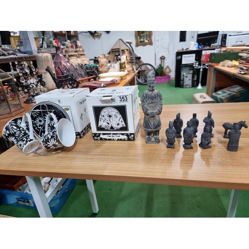 353 - A quantity of terracotta army figures, 9 in total, along with 2 boxed as new 'tea for 2' sets by Flo... 
