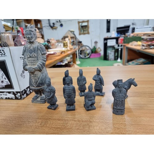 353 - A quantity of terracotta army figures, 9 in total, along with 2 boxed as new 'tea for 2' sets by Flo... 