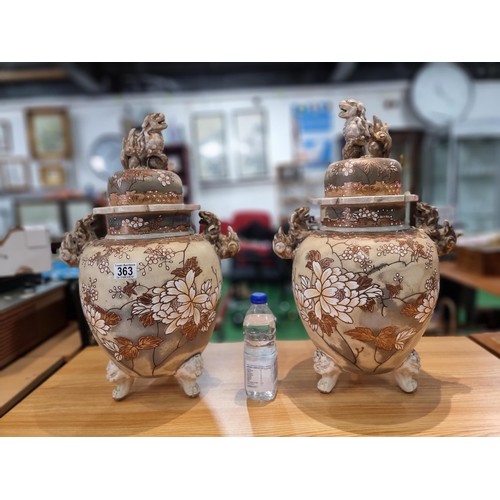 363 - A pair of good quality antique Chinese lidded temple vases with a pretty design with overlaid enamel... 