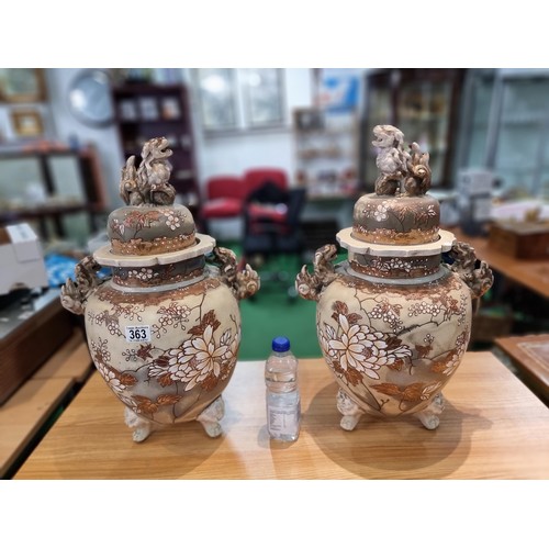 363 - A pair of good quality antique Chinese lidded temple vases with a pretty design with overlaid enamel... 