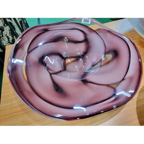 366 - 3x large decorative glass bowls including a large hand blown at glass bowl with a purple swirl desig... 