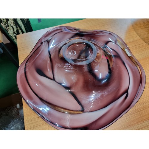 366 - 3x large decorative glass bowls including a large hand blown at glass bowl with a purple swirl desig... 