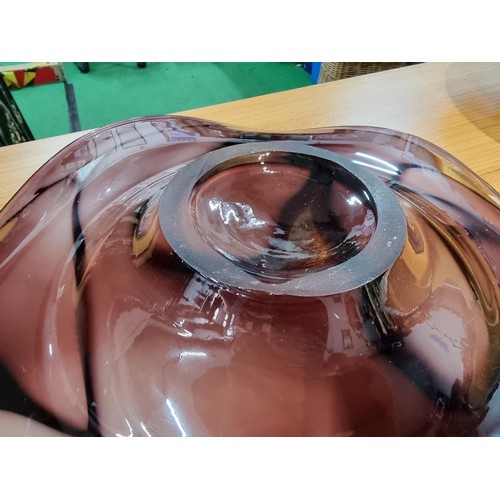 366 - 3x large decorative glass bowls including a large hand blown at glass bowl with a purple swirl desig... 