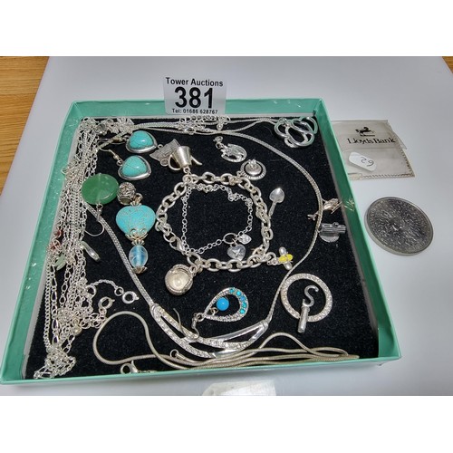 381 - A quantity of various costume jewellery including a charm bracelet, various chains, a 925 silver bra... 