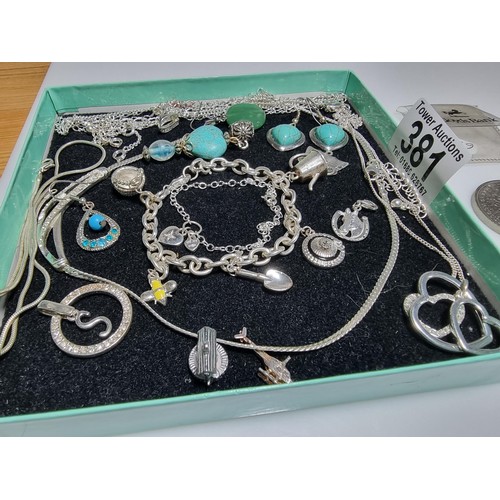 381 - A quantity of various costume jewellery including a charm bracelet, various chains, a 925 silver bra... 