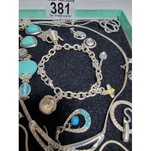 381 - A quantity of various costume jewellery including a charm bracelet, various chains, a 925 silver bra... 
