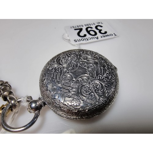 392 - A good quality genuine Swiss 935 silver fob watch with an ornate engraved design featuring an ornate... 