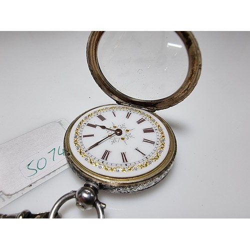 392 - A good quality genuine Swiss 935 silver fob watch with an ornate engraved design featuring an ornate... 