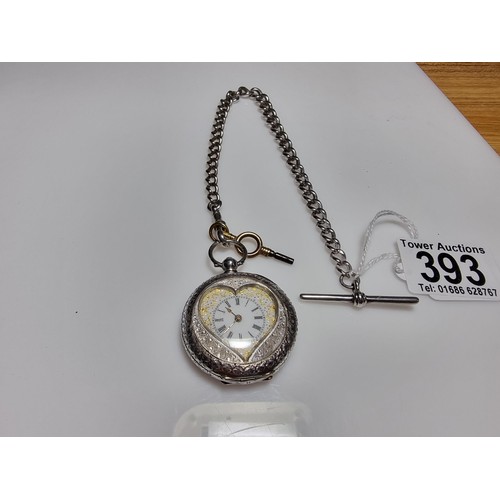393 - A fine quality genuine Swiss, pretty 935 silver pocket watch with a heart shaped frame around the di... 