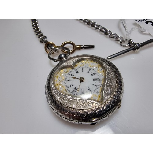 393 - A fine quality genuine Swiss, pretty 935 silver pocket watch with a heart shaped frame around the di... 