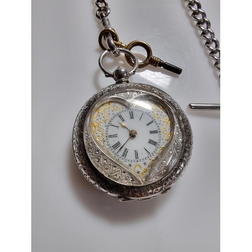 393 - A fine quality genuine Swiss, pretty 935 silver pocket watch with a heart shaped frame around the di... 