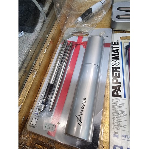 398 - A large collection of various collectable pens including a new and sealed Parker double pen set, a n... 